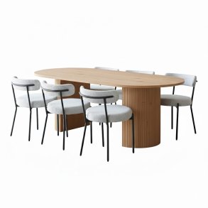 Kyoto eethoek eettafel 100x210cm natuur, 6 stoelen boucl� wit.