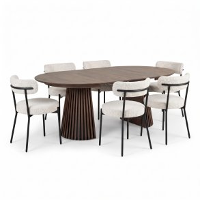 Tokyo Essgruppe Esstisch inkl. 2 Einlegeplatten �120x120-160-200 cm smoked und 6 St�hle Boucl� Wei�.