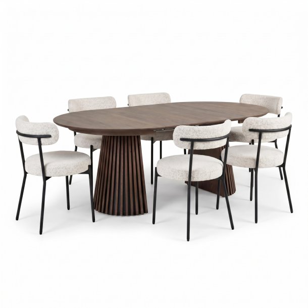 Tokyo Essgruppe Esstisch inkl. 2 Einlegeplatten �120x120-160-200 cm smoked und 6 St�hle Boucl� Wei�.