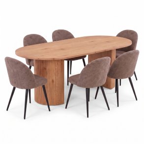 Kyoto ensemble pour salle � manger table � manger 100x210 cm naturel, 6 chaises boucl� marron.