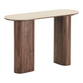 Minamata Konsolentisch 40x120cm, Keramik-Tischplatte Travertin, Walnuss-Dekor.