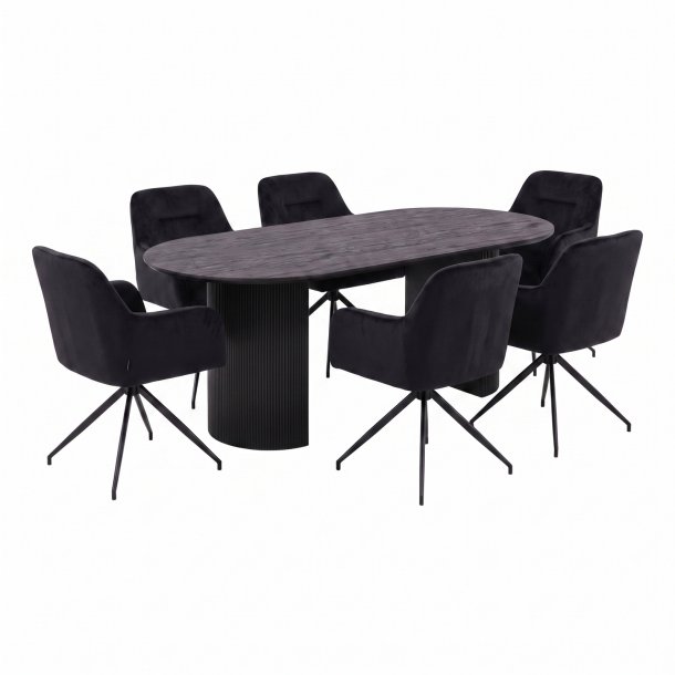 Kyoto Essgruppe Tisch 100x210cm dunkelbraun und 6 Moon St�hle Velours schwarz.