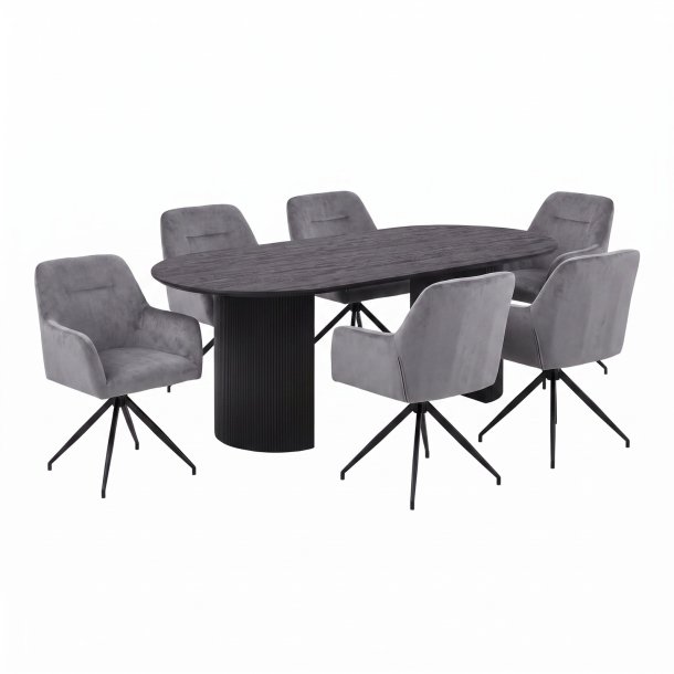 Kyoto Essgruppe Tisch 100x210cm dunkelbraun und 6 Moon St�hle Velours grau.