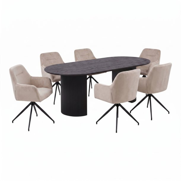 Kyoto Essgruppe Tisch 100x210cm dunkelbraun und 6 Moon St�hle Velours beige.