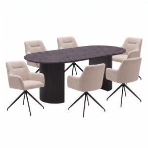 Kyoto Essgruppe Tisch 100x210cm dunkelbraun und 6 Moon St�hle boucle beige.