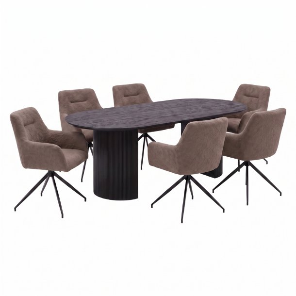 Kyoto Essgruppe Tisch 100x210cm dunkelbraun und 6 Moon St�hle boucle braun.