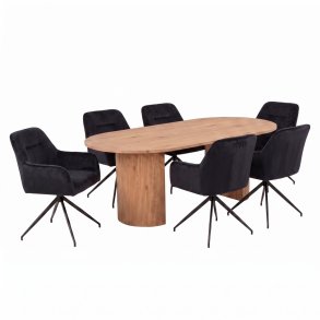 Kyoto Essgruppe Tisch 100x210cm naturfarben und 6 Moon St�hle Velours schwarz.