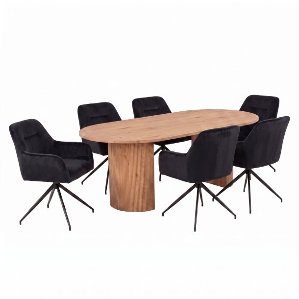 Kyoto Essgruppe Tisch 100x210cm naturfarben und 6 Moon St�hle Velours schwarz.