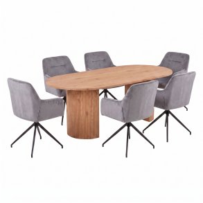 Kyoto Essgruppe Tisch 100x210cm naturfarben und 6 Moon St�hle Velours grau.