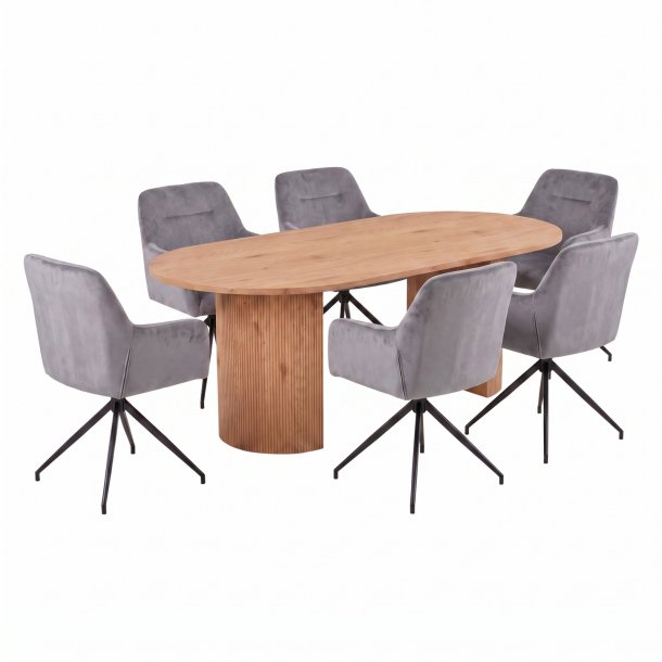 Kyoto Essgruppe Tisch 100x210cm naturfarben und 6 Moon St�hle Velours grau.