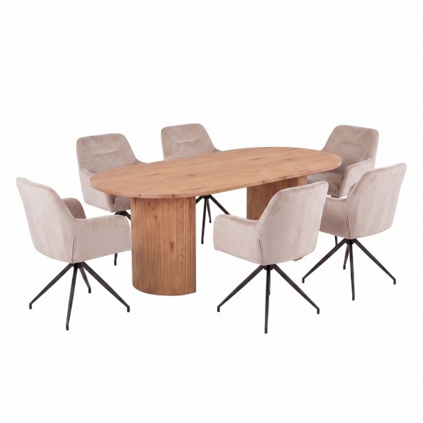 Kyoto Essgruppe Tisch 100x210cm naturfarben und 6 Moon St�hle Velours beige.