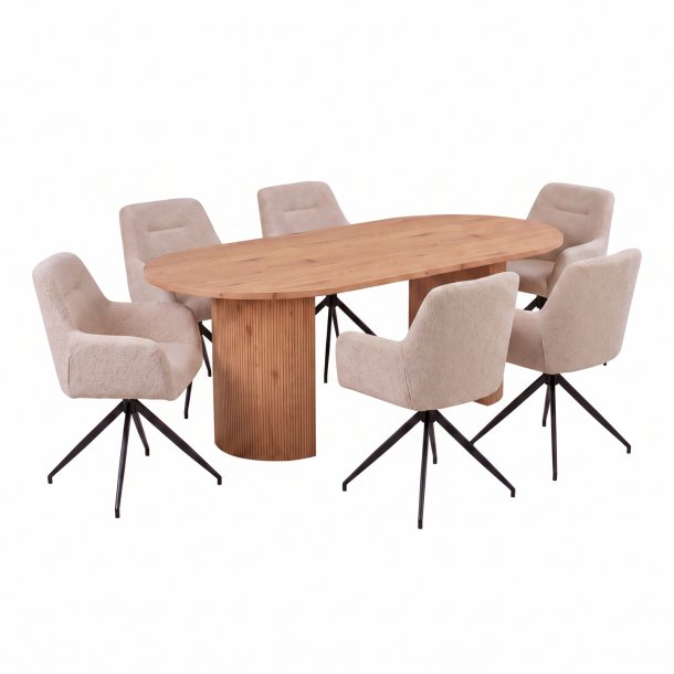 Kyoto Essgruppe Tisch 100x210cm naturfarben und 6 Moon St�hle boucle beige.