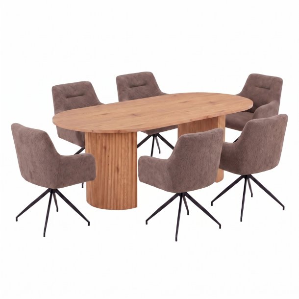 Kyoto Essgruppe Tisch 100x210cm naturfarben und 6 Moon St�hle boucle braun.
