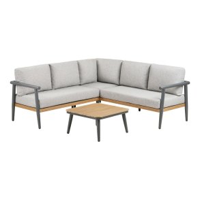 Camilla zestaw wypoczynkowy z poduszkami narożna sofa, stolik szaro-beżowy.