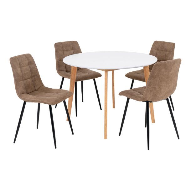 Vojens matgrupp matbord 105cm Vit och 4 Middelfart stol brun.