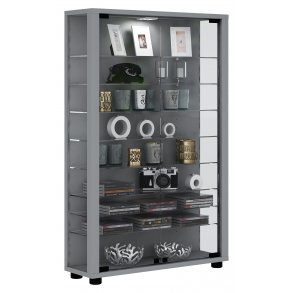 Lumo Mini Vitrinenschrank 2 Glastüren, Glasvitrinen mit LED-Leuchten Silberfarbig.