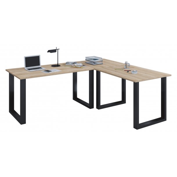 Lona Eckschreibtisch 160x160x50 cm U-Gestell Sonoma-Eiche dekor, Schwarz.