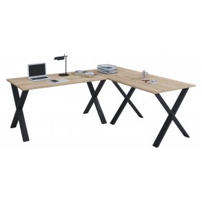 Lona Eckschreibtisch 220x160x80 cm X-Gestell Sonoma-Eiche dekor, Schwarz.