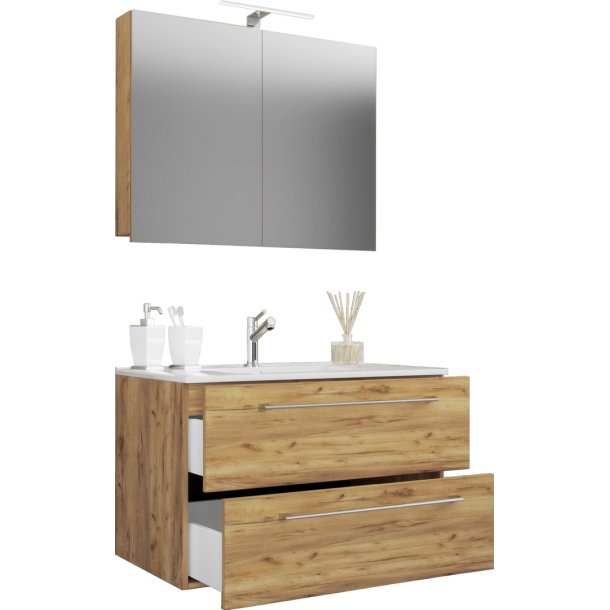Badinos Badmbel-Sets A 80 cm, Spiegelschrank Honig Eiche Dekor.