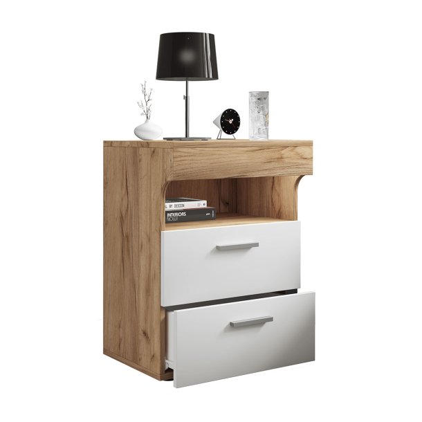 SlepalL natbord 2 skuffer 1 hylde egetr dekor, hvid.