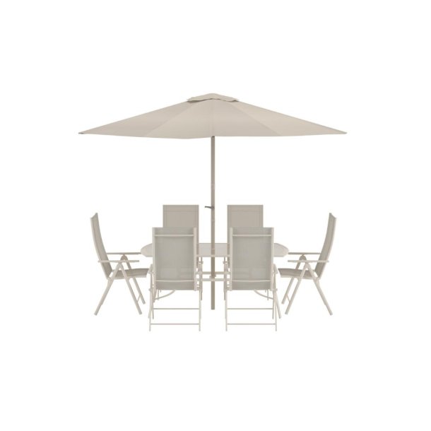 Brekki parasol, stół 90x150cm 6 krzeseł beżowy.