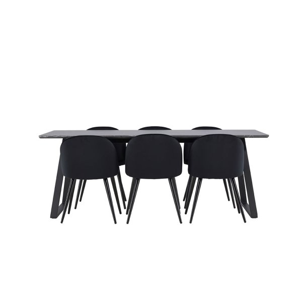 Malaga Essgruppe Esstisch 90x200cm dunkel grau und 6 Skagen Stuhl velour schwarz.