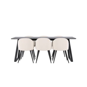 Malaga matgrupp matbord 90x200cm mrkgr och 6 Skagen stol sammet beige.