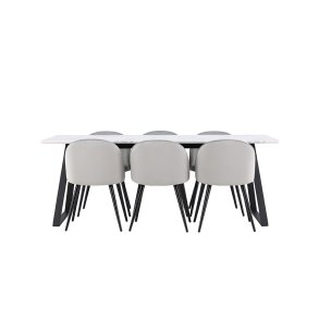 Malaga matgrupp matbord 90x200cm vit och 6 Skagen stol velour gr.