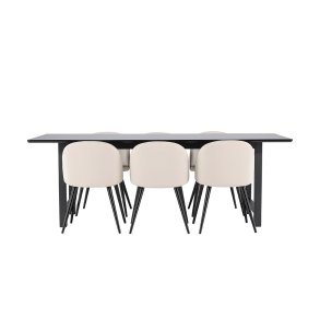 Oslo matgrupp matbord 100x220cm svart och 6 Skagen stol velour beige.