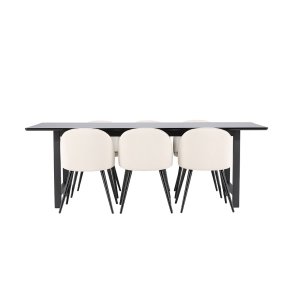 Oslo matgrupp matbord 100x220cm svart och 6 Skagen stol sammet beige.