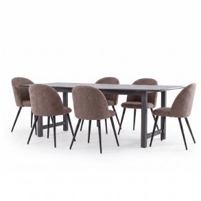 Oslo ensemble pour salle � manger table � manger 100x220 cm noir et 6 chaises Skagen boucl� marron.