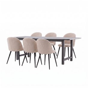 Oslo ensemble pour salle � manger table � manger 100x220 cm noir et 6 chaises Skagen boucl� beige.