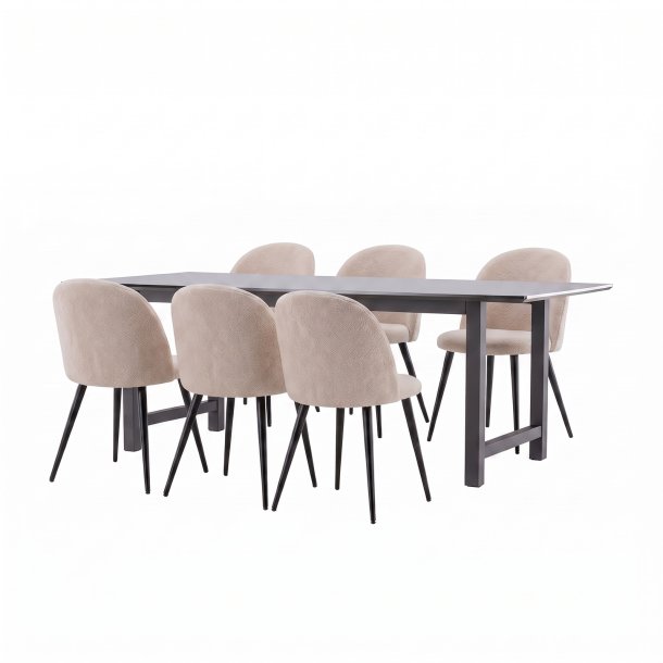 Oslo ensemble pour salle � manger table � manger 100x220 cm noir et 6 chaises Skagen boucl� beige.