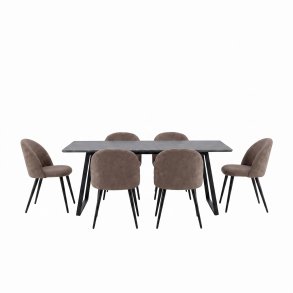 Malaga ensemble pour salle � manger table � manger 90x200 cm gris fonc� et 6 chaises Skagen boucl� marron.