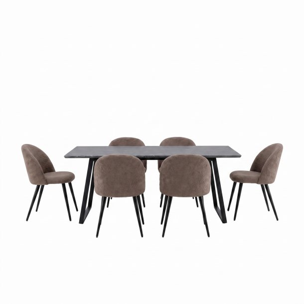 Malaga ensemble pour salle � manger table � manger 90x200 cm gris fonc� et 6 chaises Skagen boucl� marron.