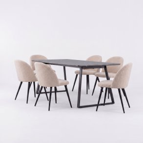 Malaga ensemble pour salle � manger table � manger 90x200 cm gris fonc� et 6 chaises Skagen boucl� beige.