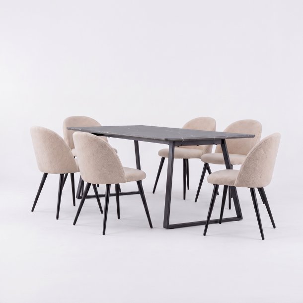 Malaga ensemble pour salle � manger table � manger 90x200 cm gris fonc� et 6 chaises Skagen boucl� beige.
