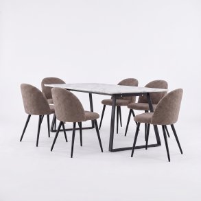Malaga ensemble pour salle � manger table � manger 90x200 cm blanc et 6 chaises Skagen boucl� marron.