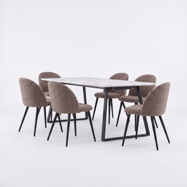 Malaga ensemble pour salle � manger table � manger 90x200 cm blanc et 6 chaises Skagen boucl� marron.