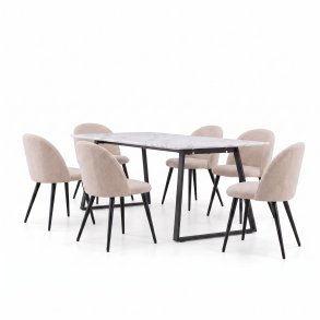 Malaga ensemble pour salle � manger table � manger 90x200 cm blanc et 6 chaises Skagen boucl� beige.