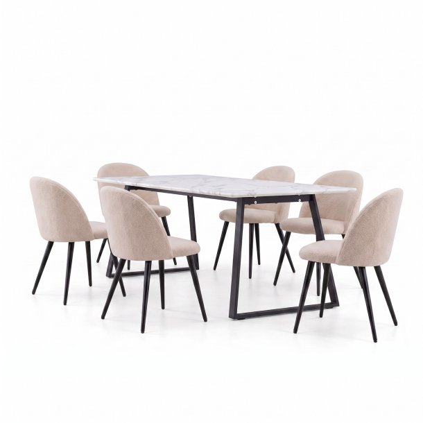 Malaga ensemble pour salle � manger table � manger 90x200 cm blanc et 6 chaises Skagen boucl� beige.