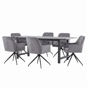 Oslo Essgruppe Tisch 100x220cm schwarz und 6 Moon St�hle Velours grau.