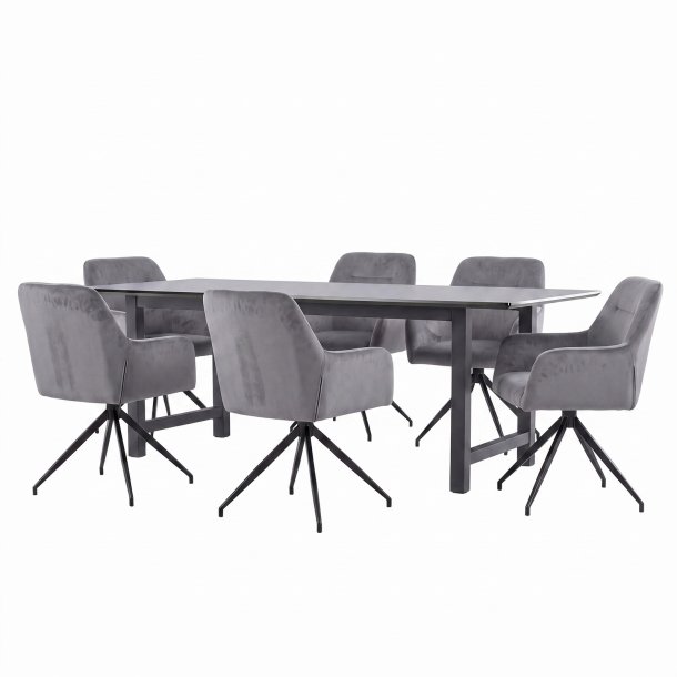Oslo Essgruppe Tisch 100x220cm schwarz und 6 Moon St�hle Velours grau.
