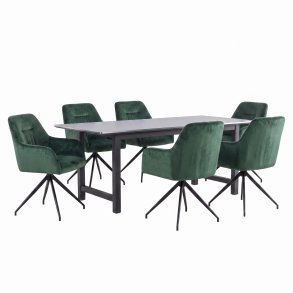 Oslo Essgruppe Tisch 100x220cm schwarz und 6 Moon St�hle Velours gr�n.