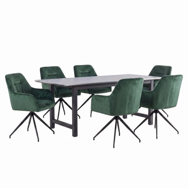 Oslo Essgruppe Tisch 100x220cm schwarz und 6 Moon St�hle Velours gr�n.