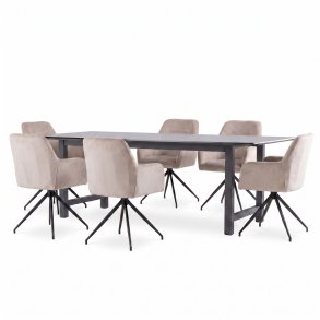Oslo Essgruppe Tisch 100x220cm schwarz und 6 Moon St�hle Velours beige.