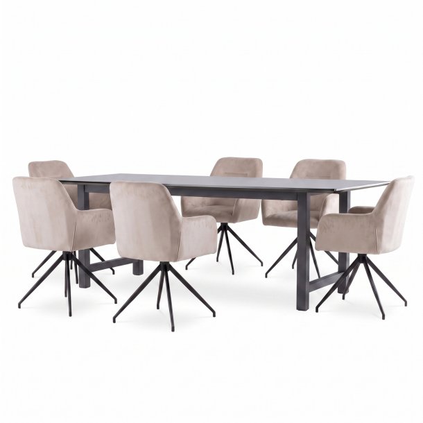Oslo Essgruppe Tisch 100x220cm schwarz und 6 Moon St�hle Velours beige.