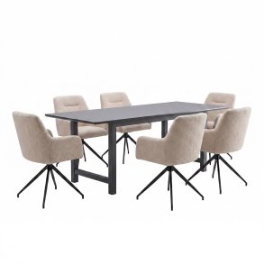 Oslo Essgruppe Tisch 100x220cm schwarz und 6 Moon St�hle boucle beige.