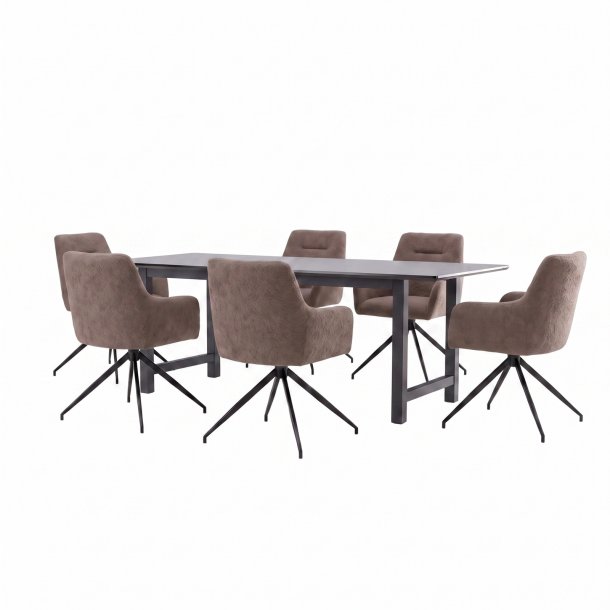 Oslo Essgruppe Tisch 100x220cm schwarz und 6 Moon St�hle boucle braun.