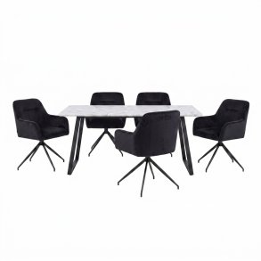 Malaga Essgruppe Tisch 90x200cm Marmor wei� und 6 Moon St�hle Velours schwarz.